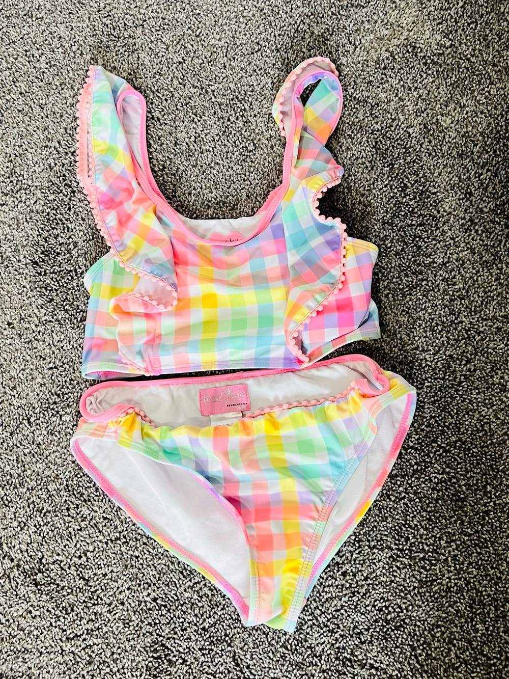 Revolution Pastel Rainbow Gingham Ruffle Two-Piece Swimsuit - Pink Trim